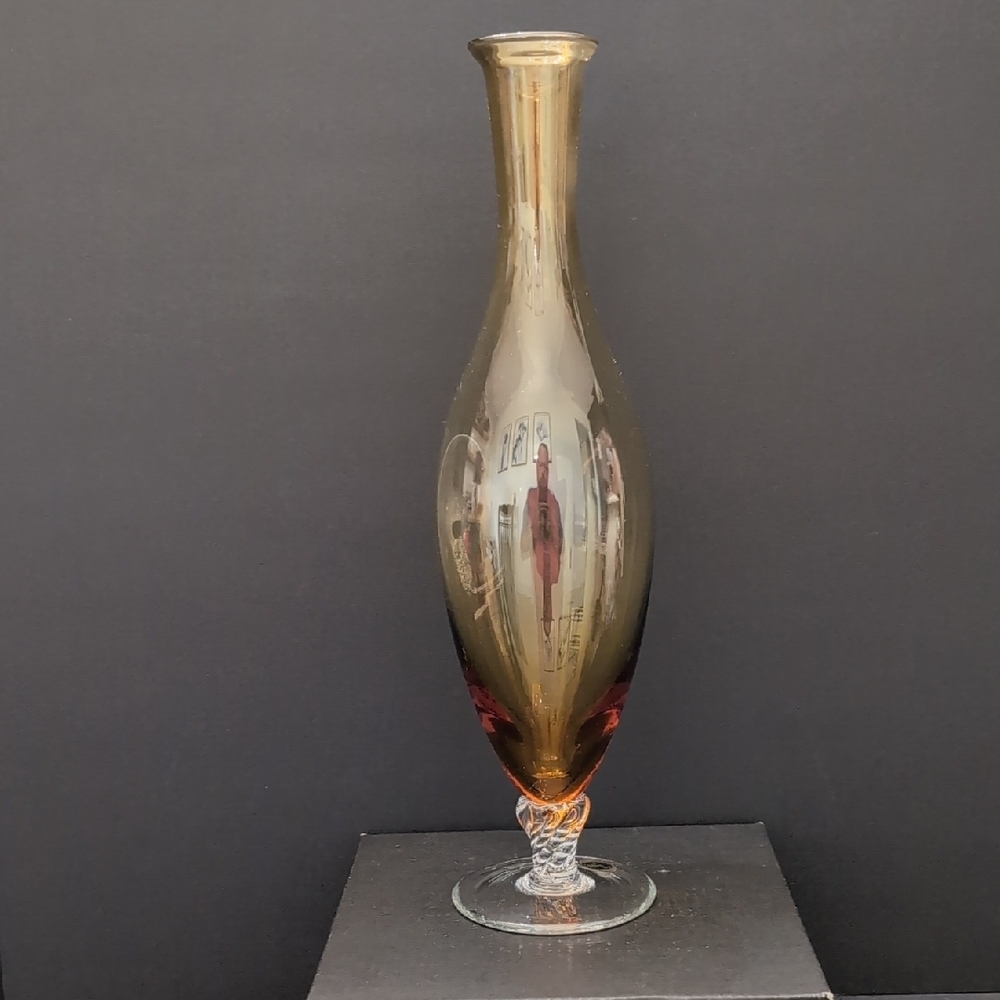 VGT,Amber Glass Vase with Twisted Clear Pedestal Base.